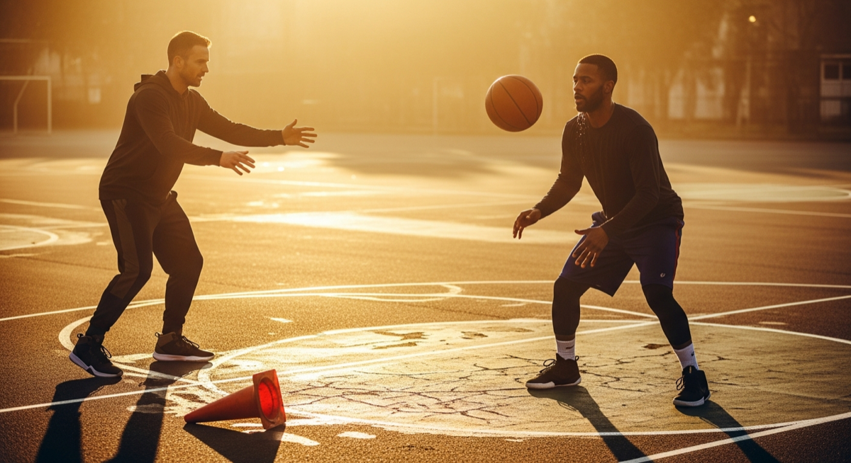 A coach reviewing an athlete's jump shot in a dim gym